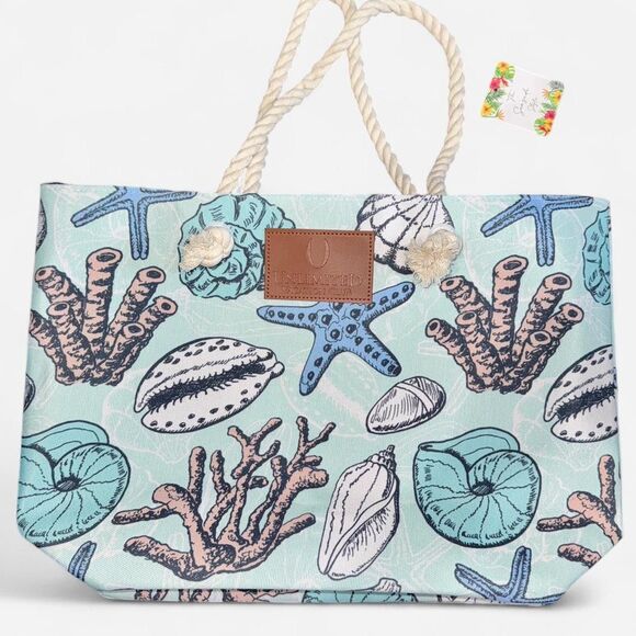 Blue Seashell Beach Bag Tote with Rope Handles - Picture 1 of 8